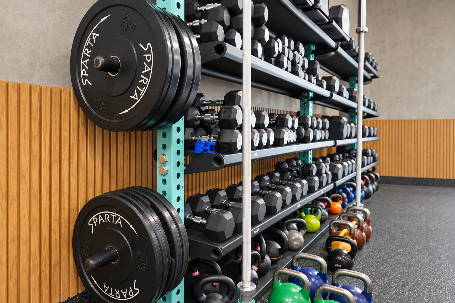 ציוד SPARTA במתחם אימון: צלחות, משקולות יד, קטלבלס ומוטות